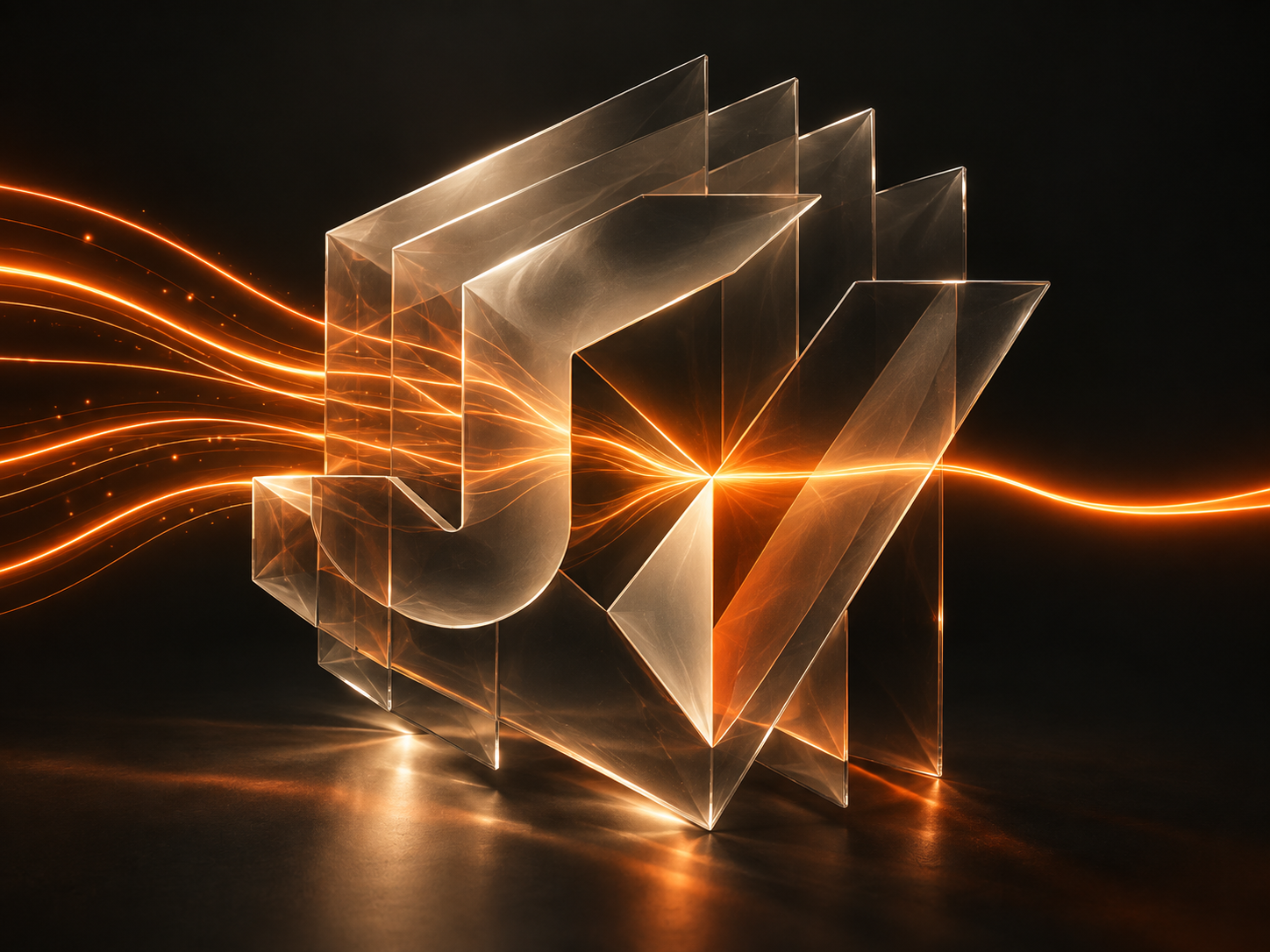 Abstract JEV model artwork: orange signals converge through layered smoked glass into a single decision path